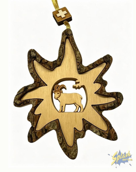 Wooden souvenir - Edelweiss with ibex (10cm x 10cm)