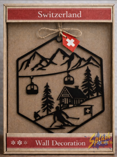 Wanddekoration - Hexagon Berge mit Skifahrer und Chalet