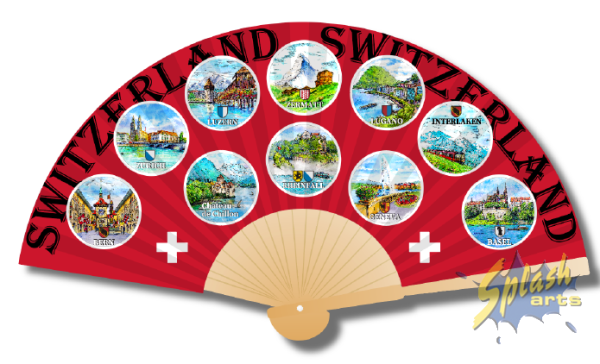 Hand fan - Switzerland, pictures cantons, red