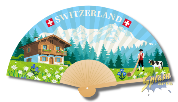 Hand fan - Switzerland, Chalet and Mountains